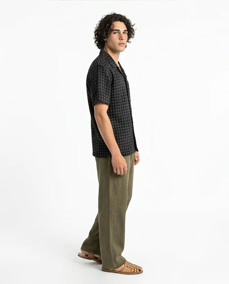 Black Textured Grid Camp Collar Short Sleeve Shirt - R216744 - Image 5