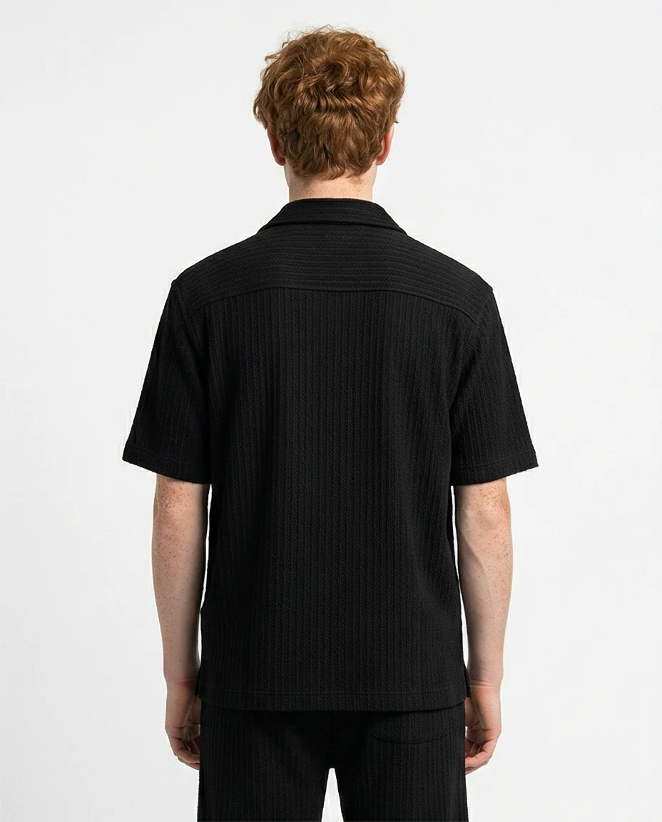 Black Textured Relaxed Fit Camp Collar Shirt - R217143 - Image 2