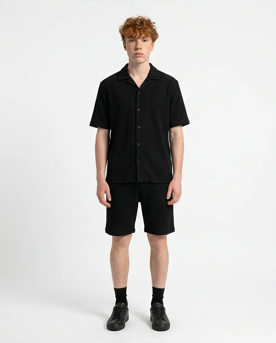 Black Textured Relaxed Fit Camp Collar Shirt - R217143 - Image 3