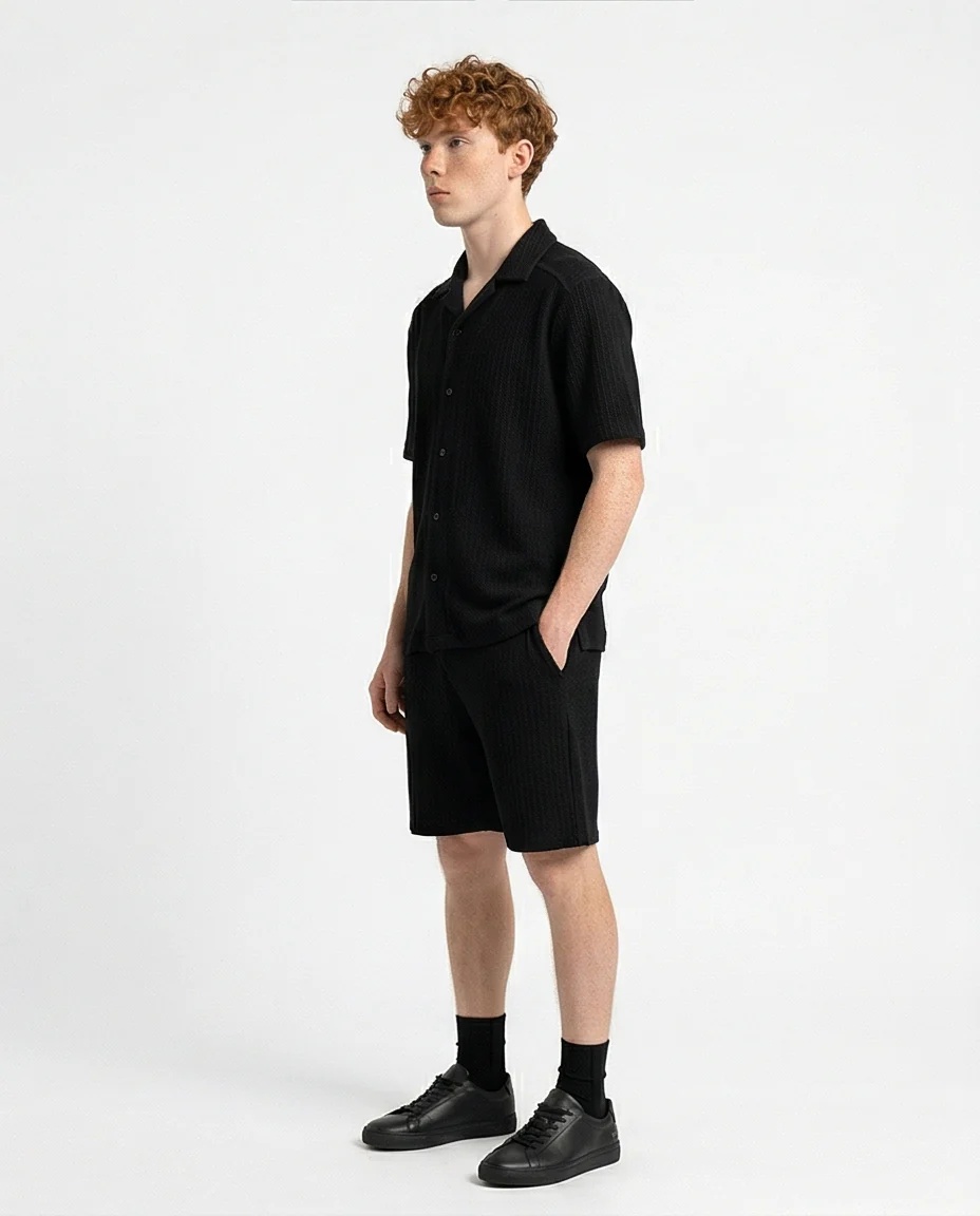 Black Textured Relaxed Fit Camp Collar Shirt - R217143 - Image 4