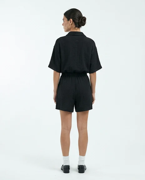 Black Textured Short Sleeve Button-Down Jumpsuit - R217448 - Image 2