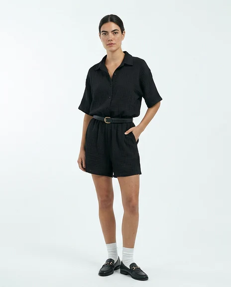 Black Textured Short Sleeve Button-Down Jumpsuit - R217448 - Image 3