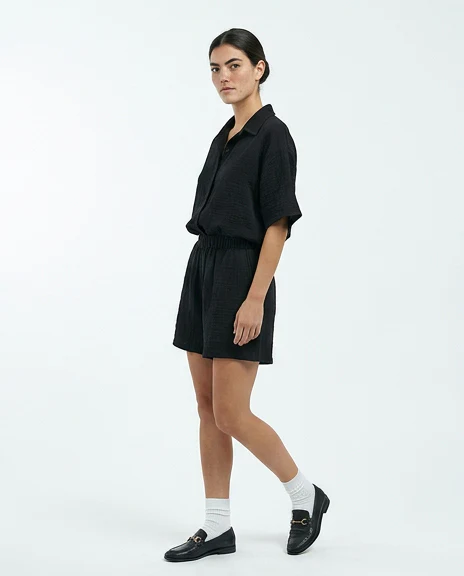 Black Textured Short Sleeve Button-Down Jumpsuit - R217448 - Image 4