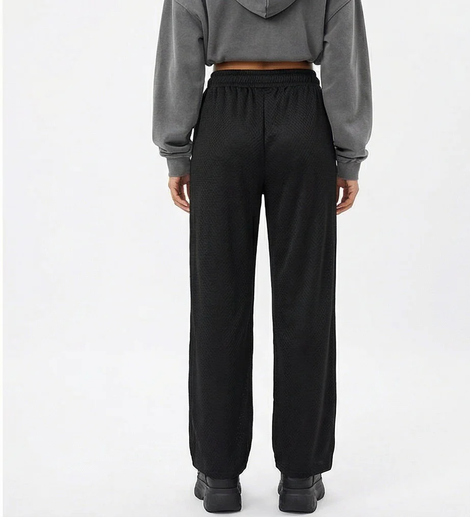 Black Textured Wide-Leg Drawstring Trousers - R217329 - Image 2
