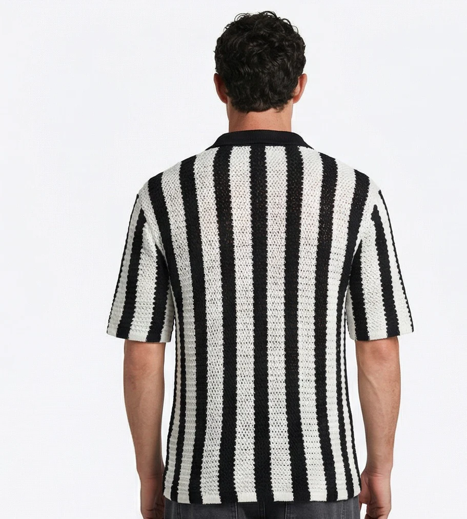 Black and White Striped Knit Short Sleeve Shirt - R217271 - Image 2