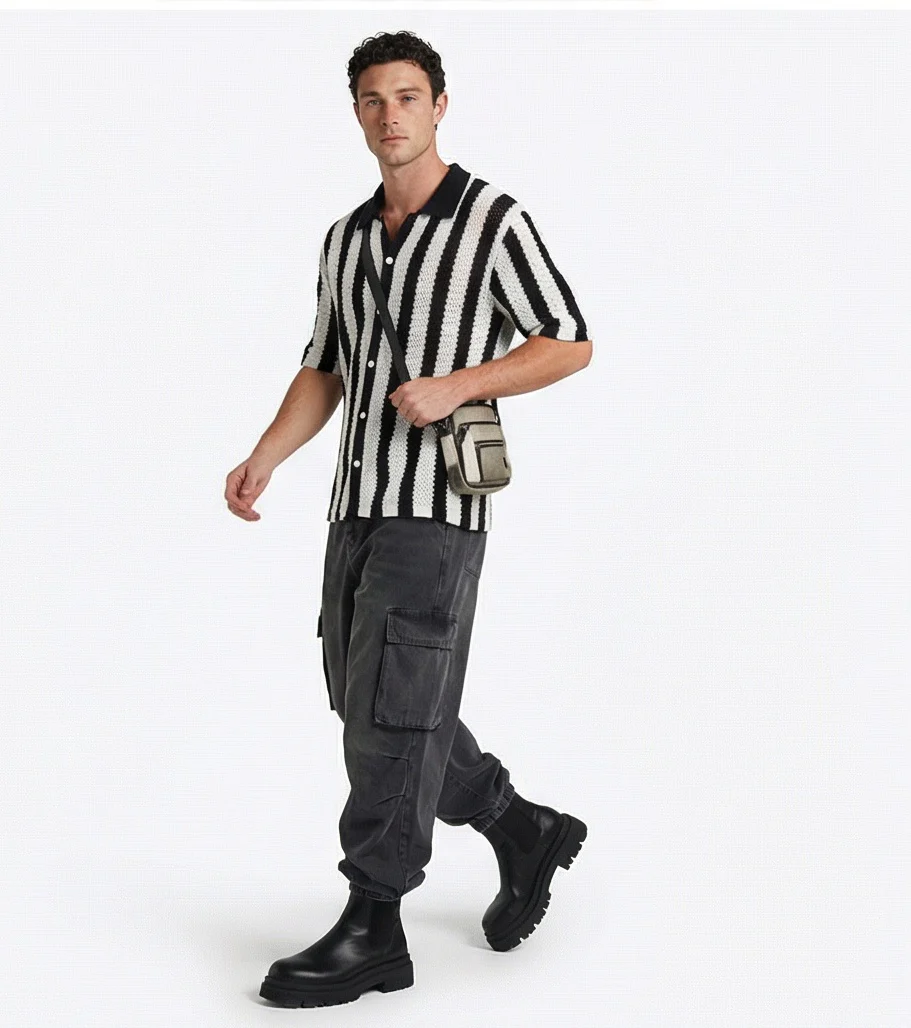 Black and White Striped Knit Short Sleeve Shirt - R217271 - Image 3