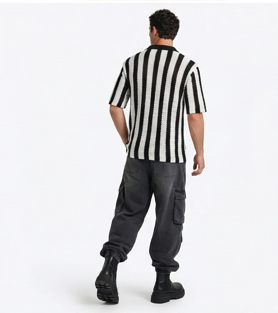 Black and White Striped Knit Short Sleeve Shirt - R217271 - Image 4