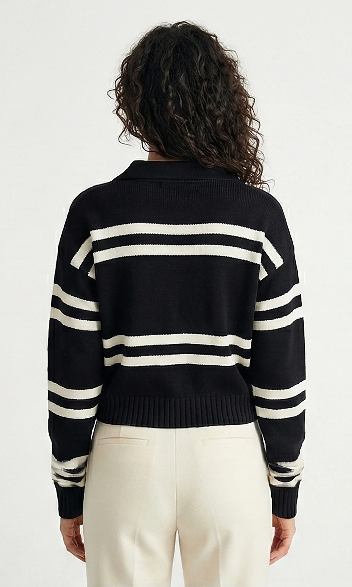 Black and White Nautical Striped Polo Knit Pullover - O201335 - Image 2