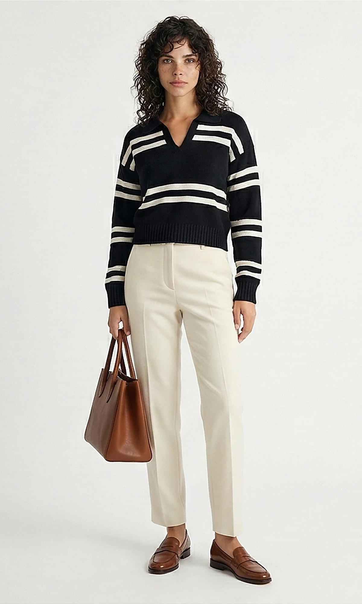 Black and White Nautical Striped Polo Knit Pullover - O201335 - Image 3