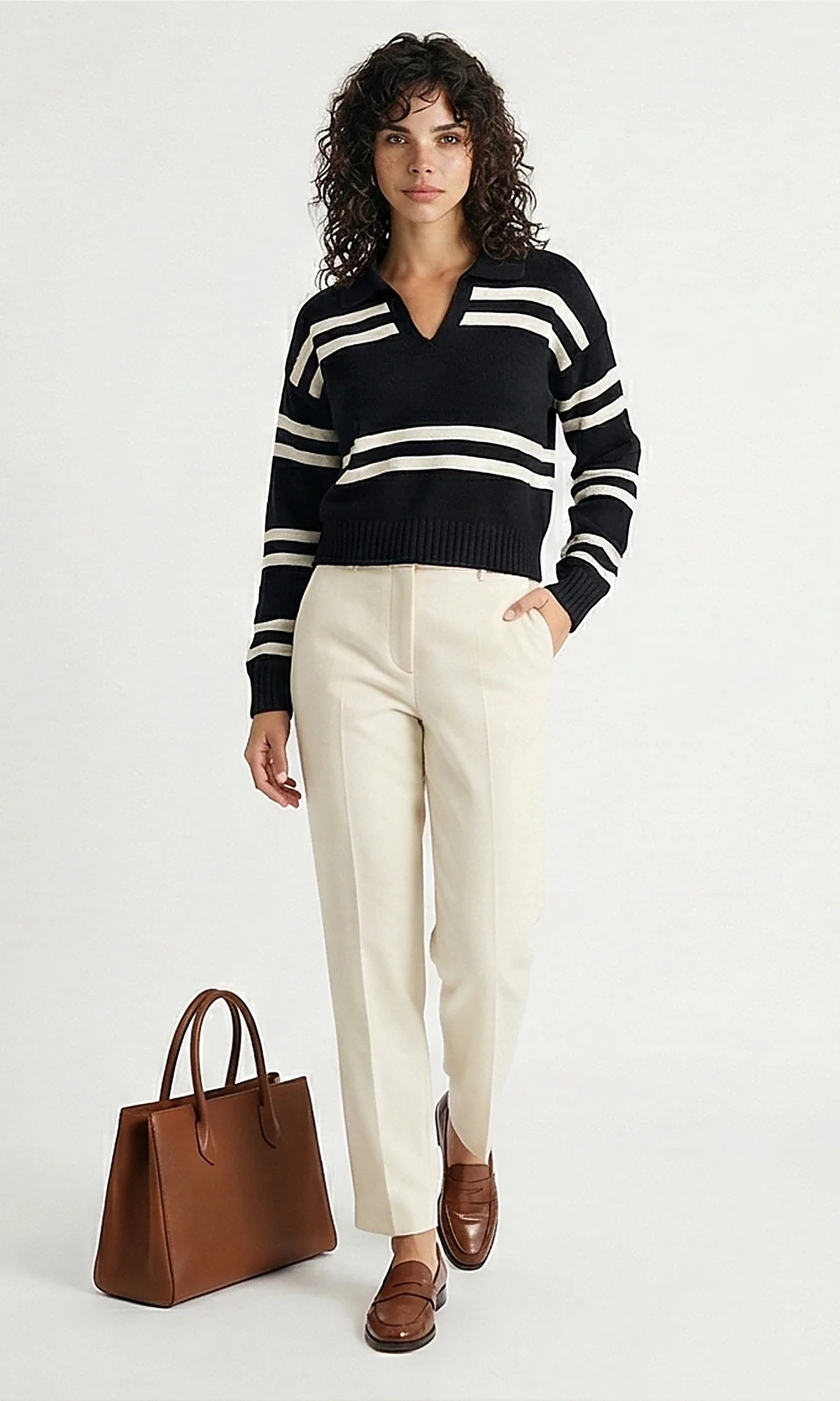 Black and White Nautical Striped Polo Knit Pullover - O201335 - Image 4