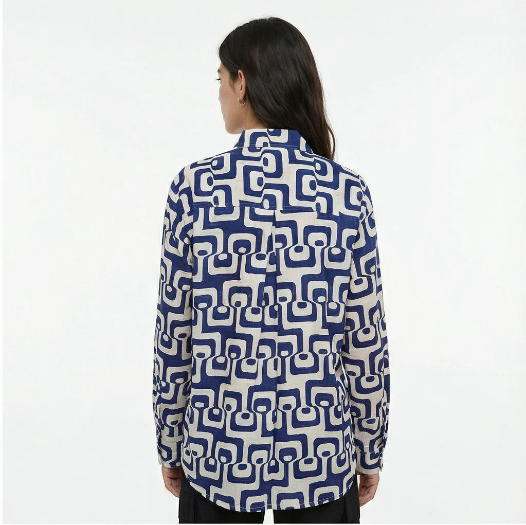 Blue & Beige Geometric Mod Print Long Sleeve Shirt - R217296 - Image 2