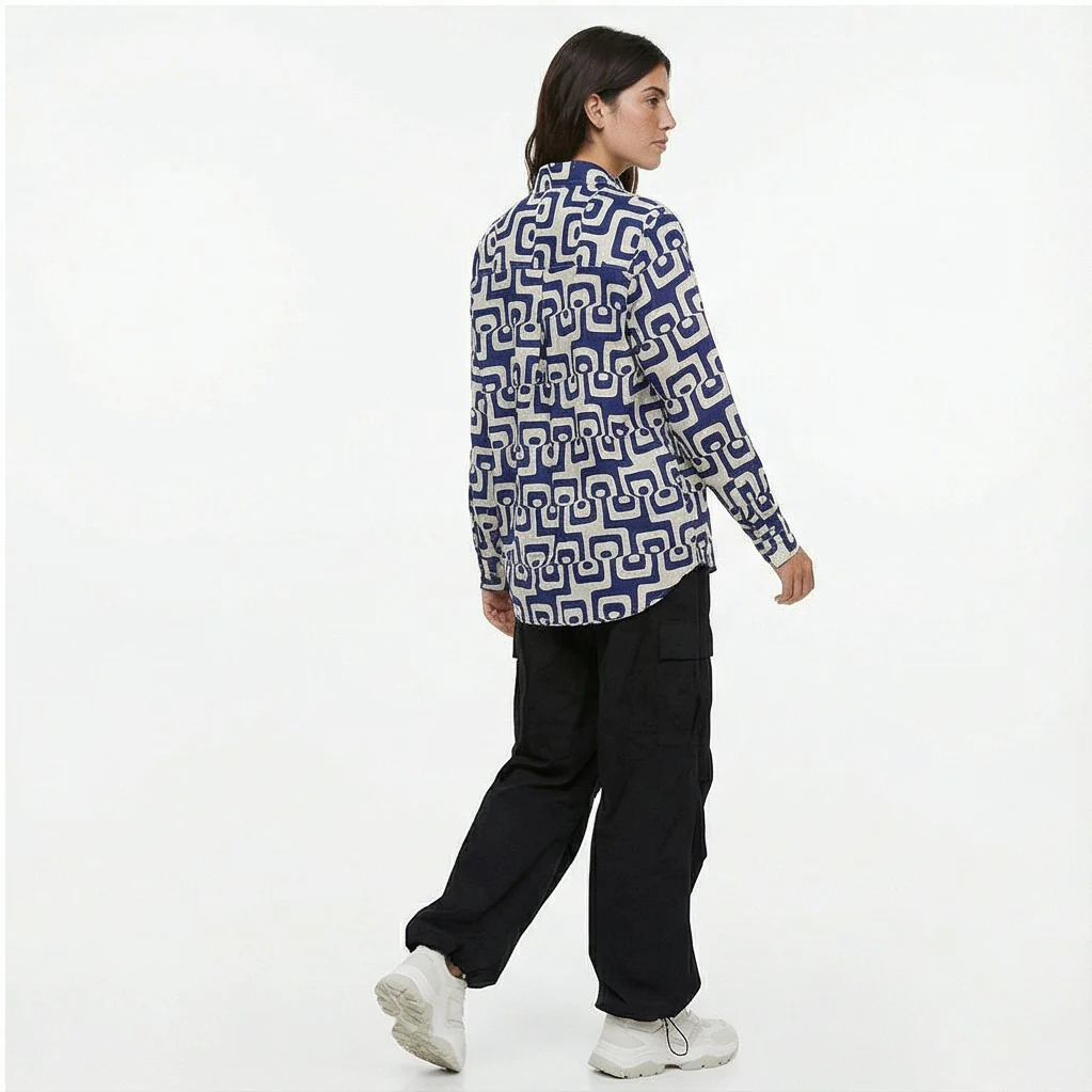 Blue & Beige Geometric Mod Print Long Sleeve Shirt - R217296 - Image 4