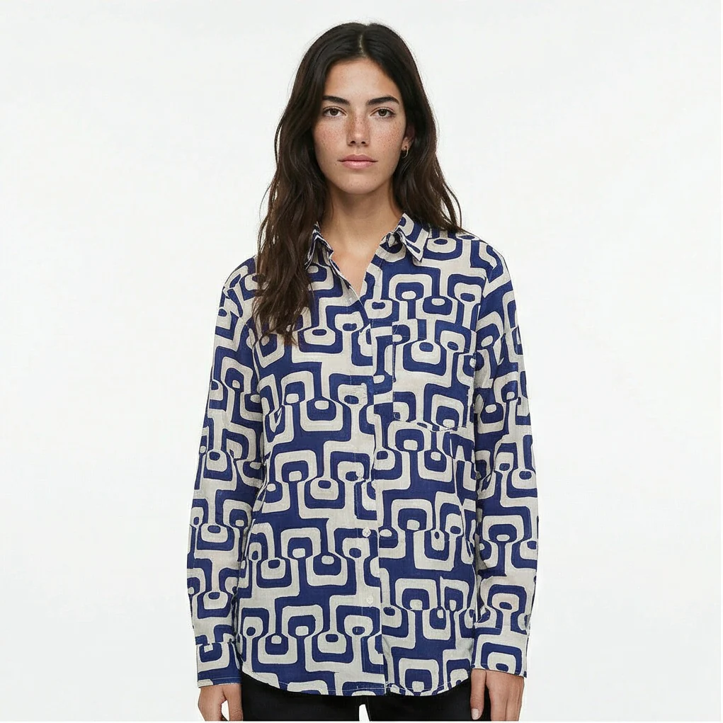 Blue & Beige Geometric Mod Print Long Sleeve Shirt - R217296 - Image 6