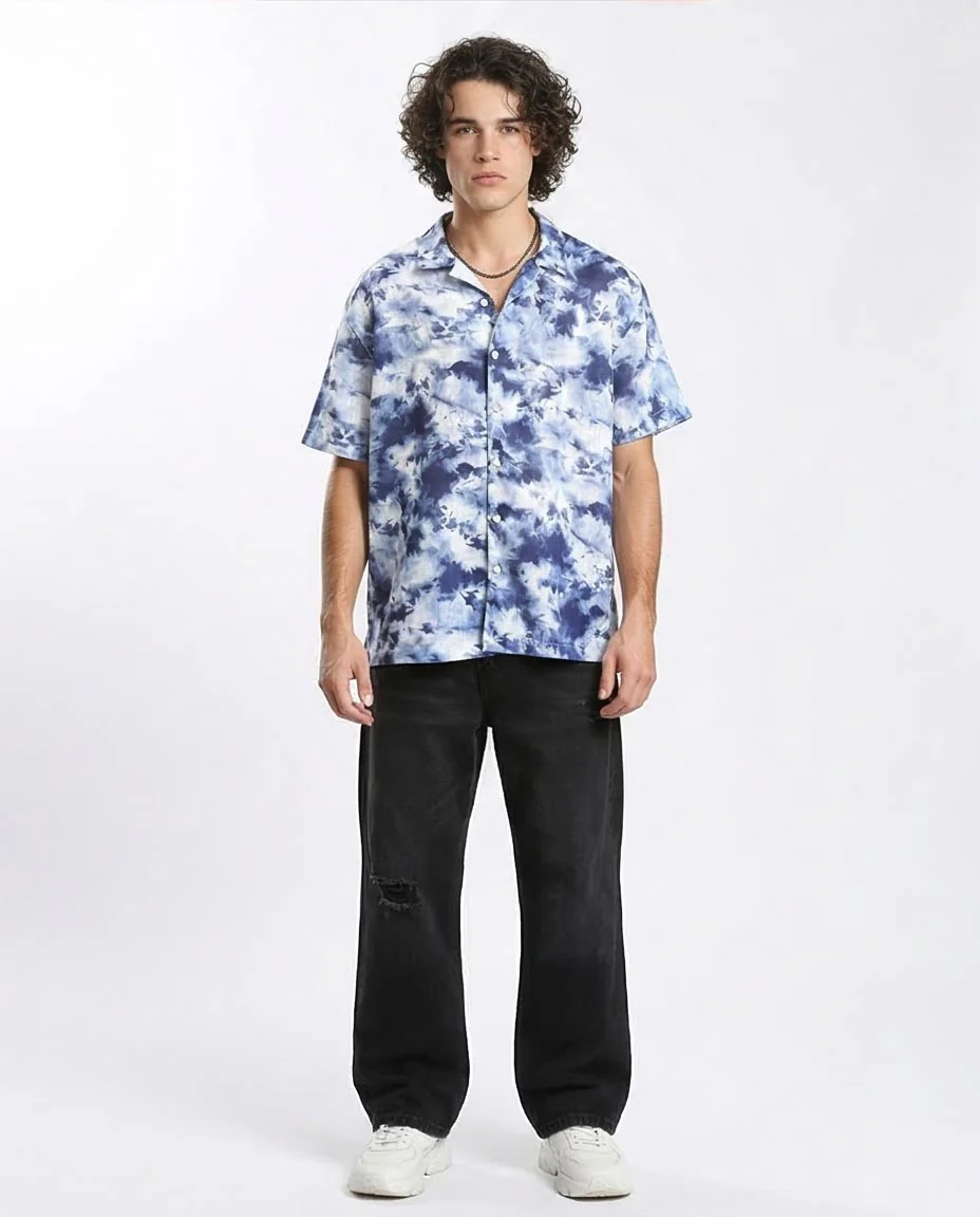 Ravin Blue Cloud-Wash Short Sleeve Resort Shirt- Navy Blue & Light Blue - R204710 - Image 3