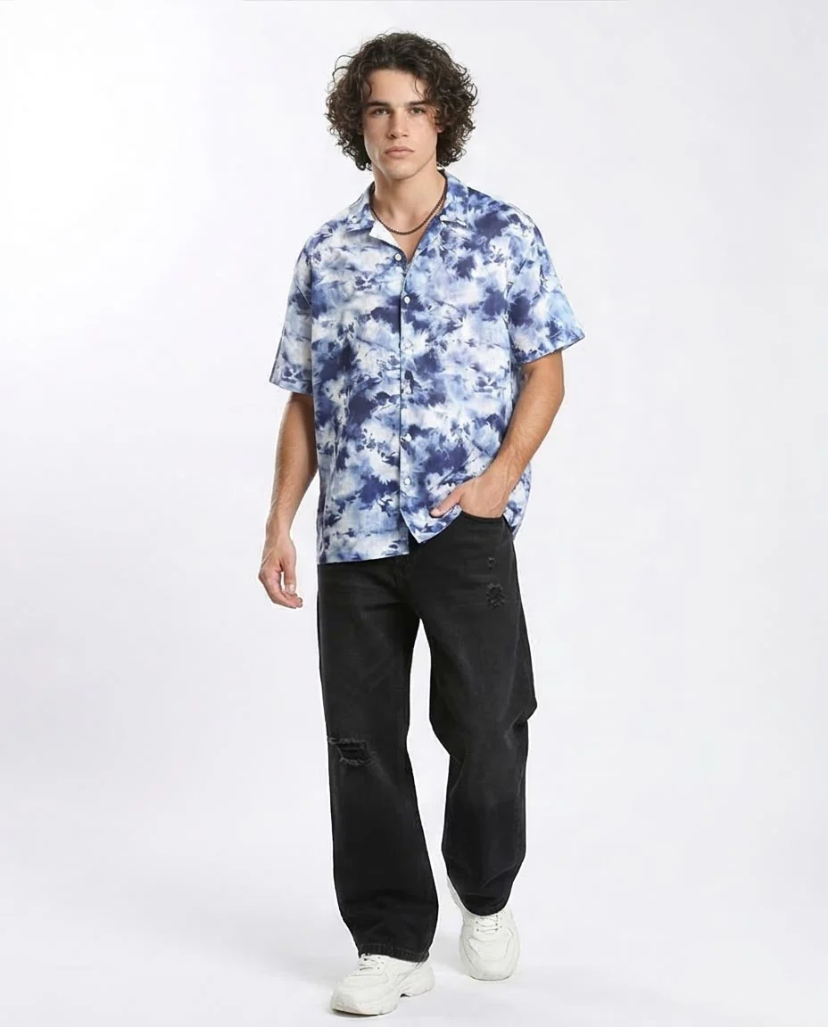 Ravin Blue Cloud-Wash Short Sleeve Resort Shirt- Navy Blue & Light Blue - R204710 - Image 5