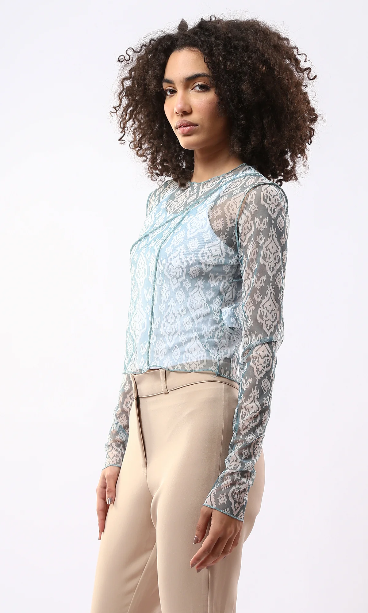 Blue Ikat Print Mesh Long Sleeve Top with Exposed Seams - 0178304 - Image 2