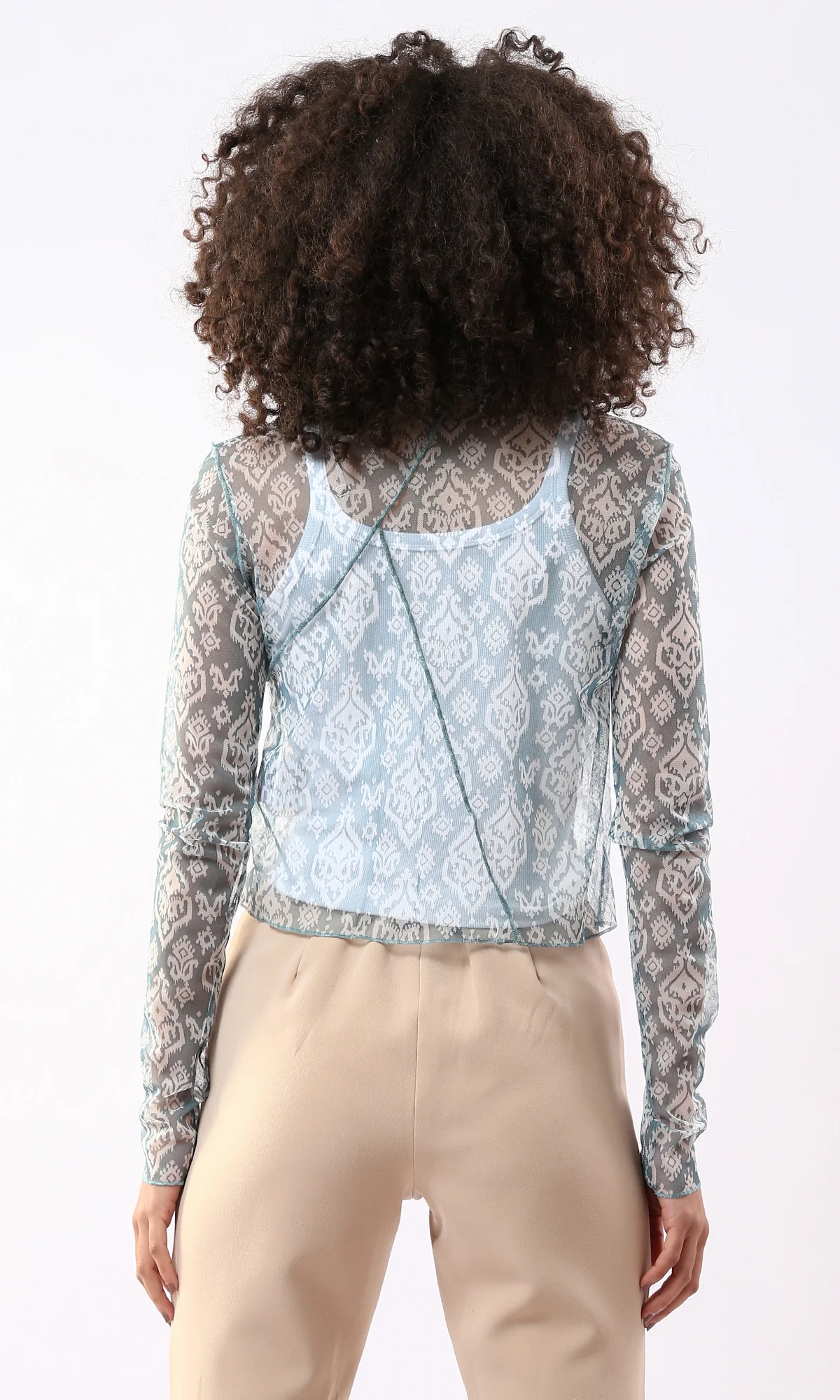 Blue Ikat Print Mesh Long Sleeve Top with Exposed Seams - 0178304 - Image 3