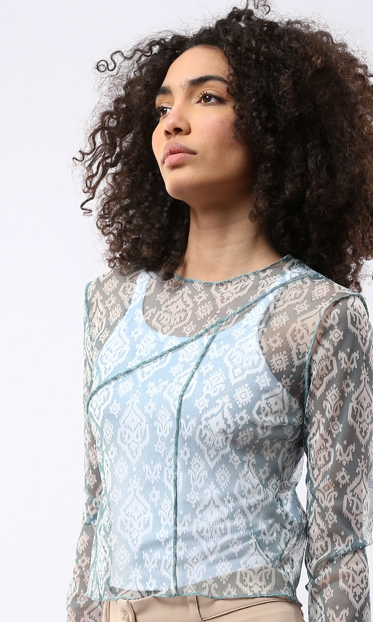 Blue Ikat Print Mesh Long Sleeve Top with Exposed Seams - 0178304 - Image 4