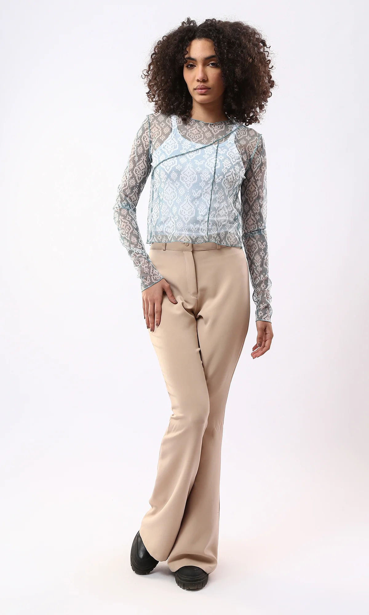 Blue Ikat Print Mesh Long Sleeve Top with Exposed Seams - 0178304 - Image 5