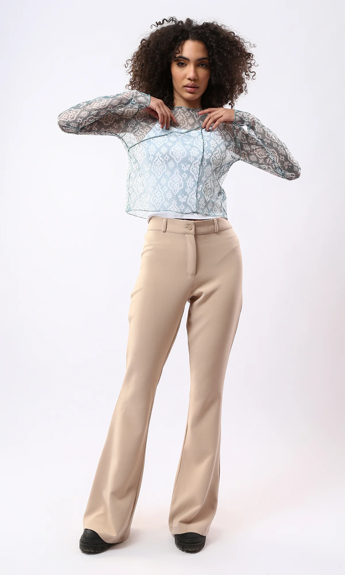 Blue Ikat Print Mesh Long Sleeve Top with Exposed Seams - 0178304 - Image 6