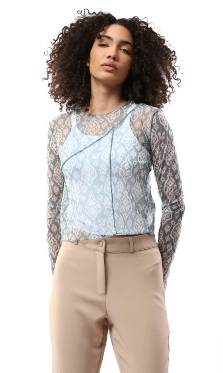 Blue Ikat Print Mesh Long Sleeve Top with Exposed Seams - 0178304 - Image 8