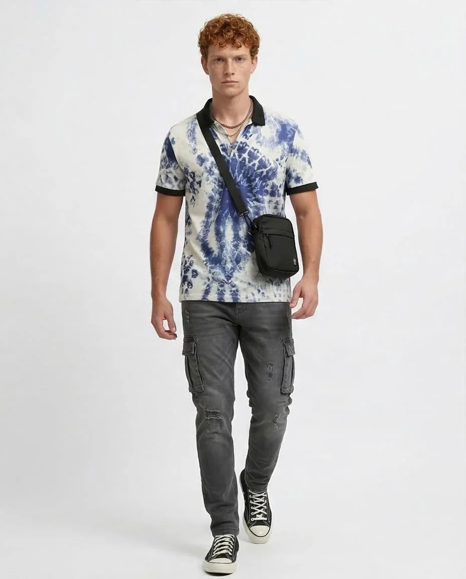 Blue & White Tie-Dye Short Sleeve Polo with Contrast Trim - O198432 - Image 3