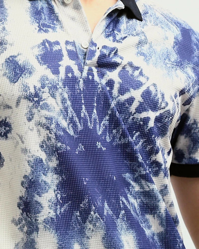 Blue & White Tie-Dye Short Sleeve Polo with Contrast Trim - O198432 - Image 4
