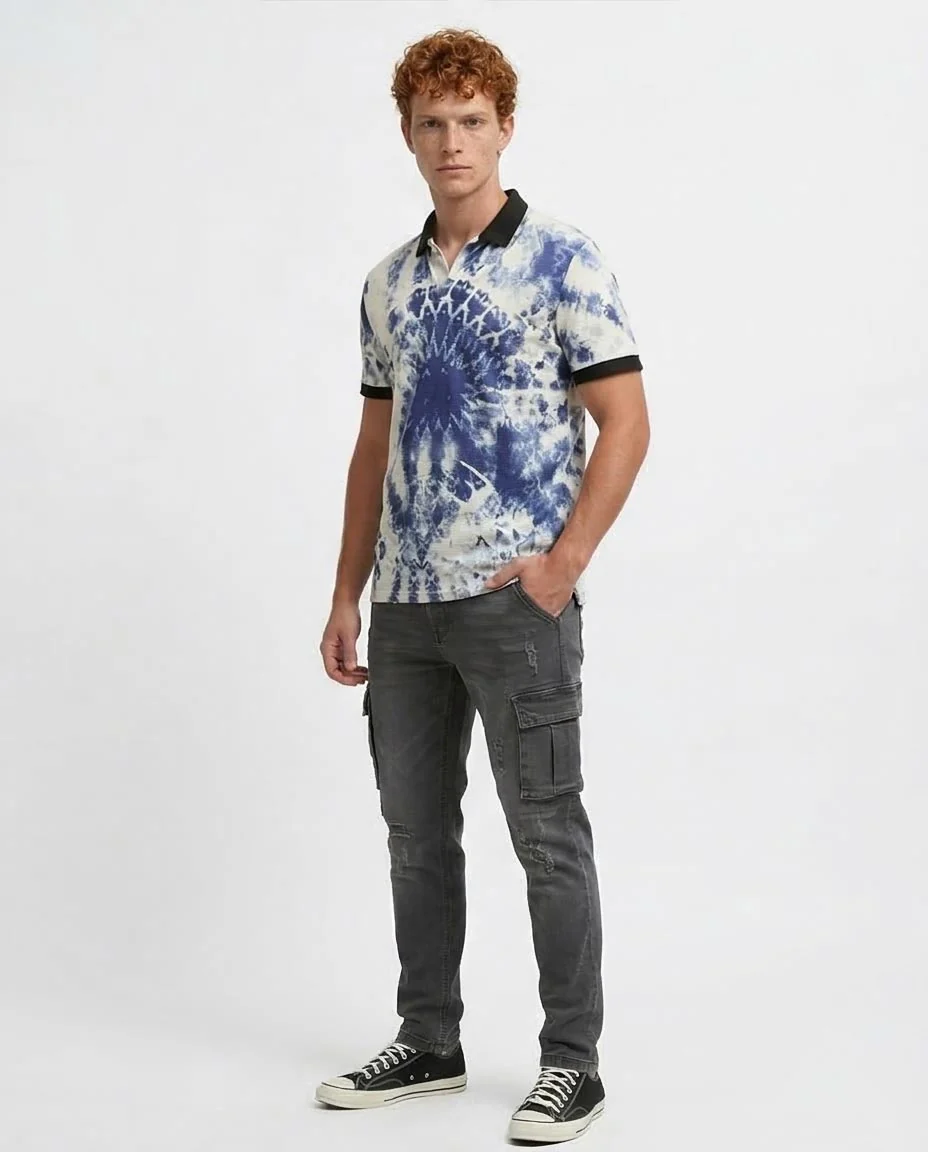 Blue & White Tie-Dye Short Sleeve Polo with Contrast Trim - O198432 - Image 5