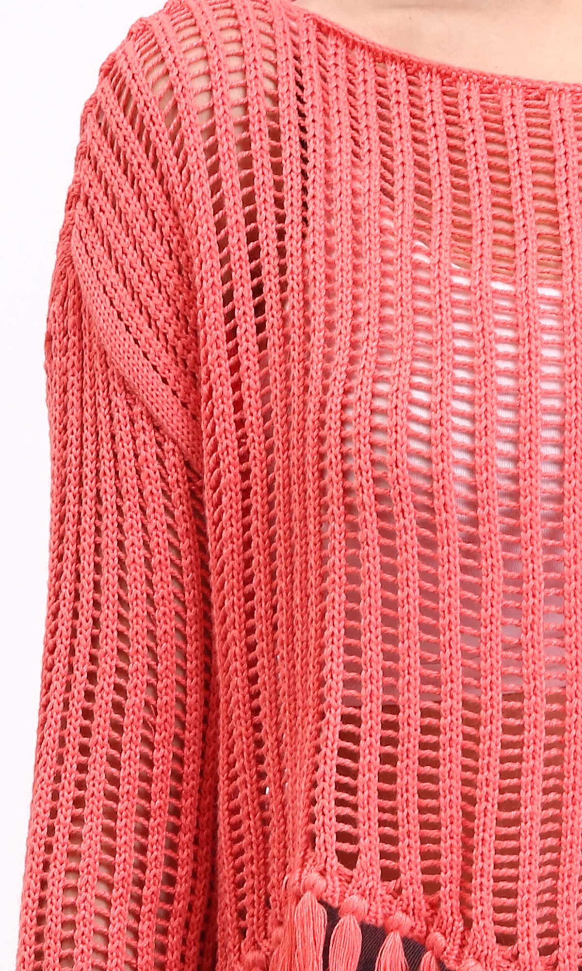 R208730 - Boat Neck Perforated Top with Tassels - Dark Coral - Image 3