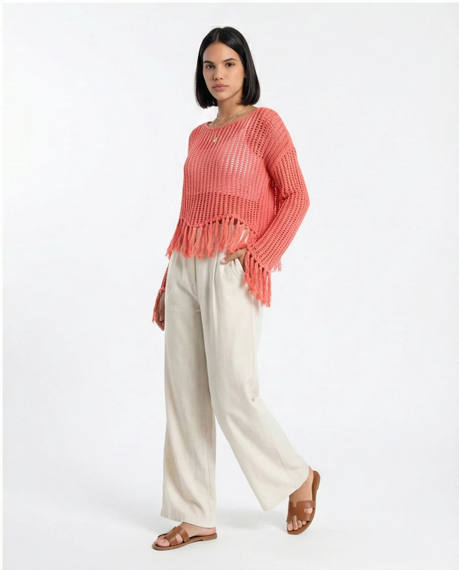 R208730 - Boat Neck Perforated Top with Tassels - Dark Coral - Image 4