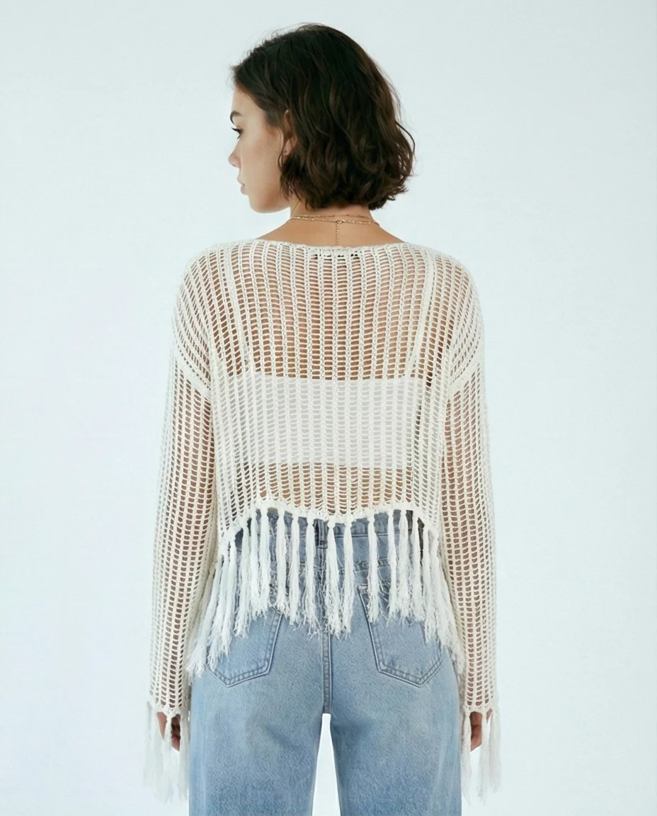 R208729 - Boat Neck Perforated Top with Tassels - Off-White - Image 2