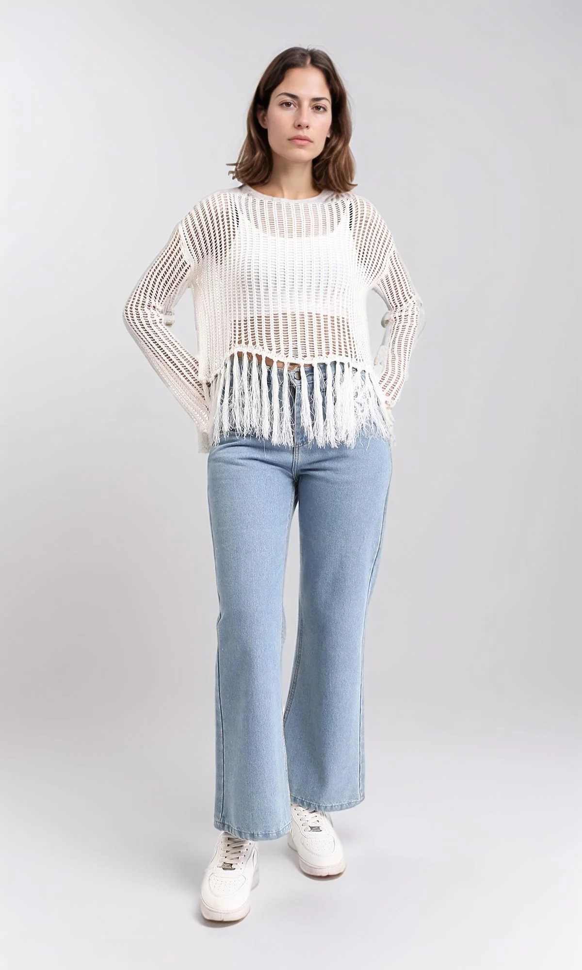 R208729 - Boat Neck Perforated Top with Tassels - Off-White - Image 5