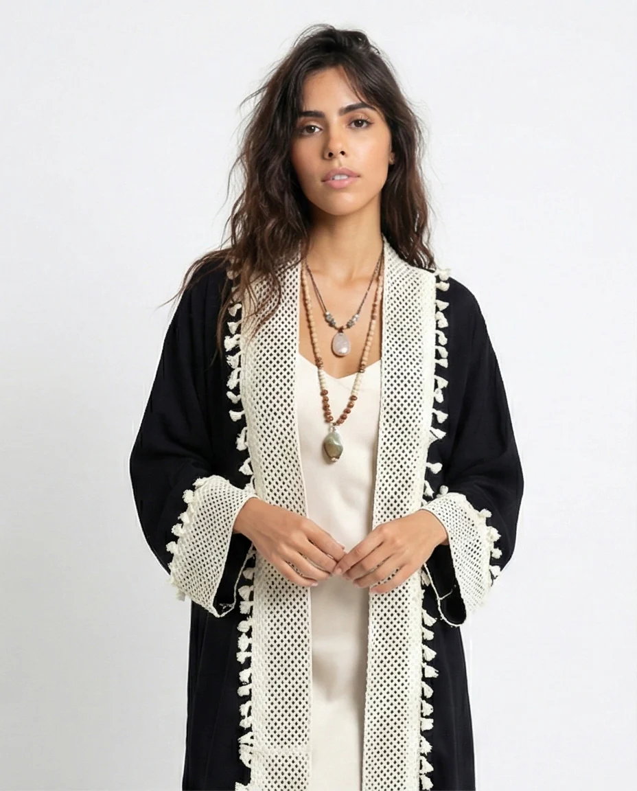 Bohemian Contrast Trim Longline Cardigan - O198046 - Image 3
