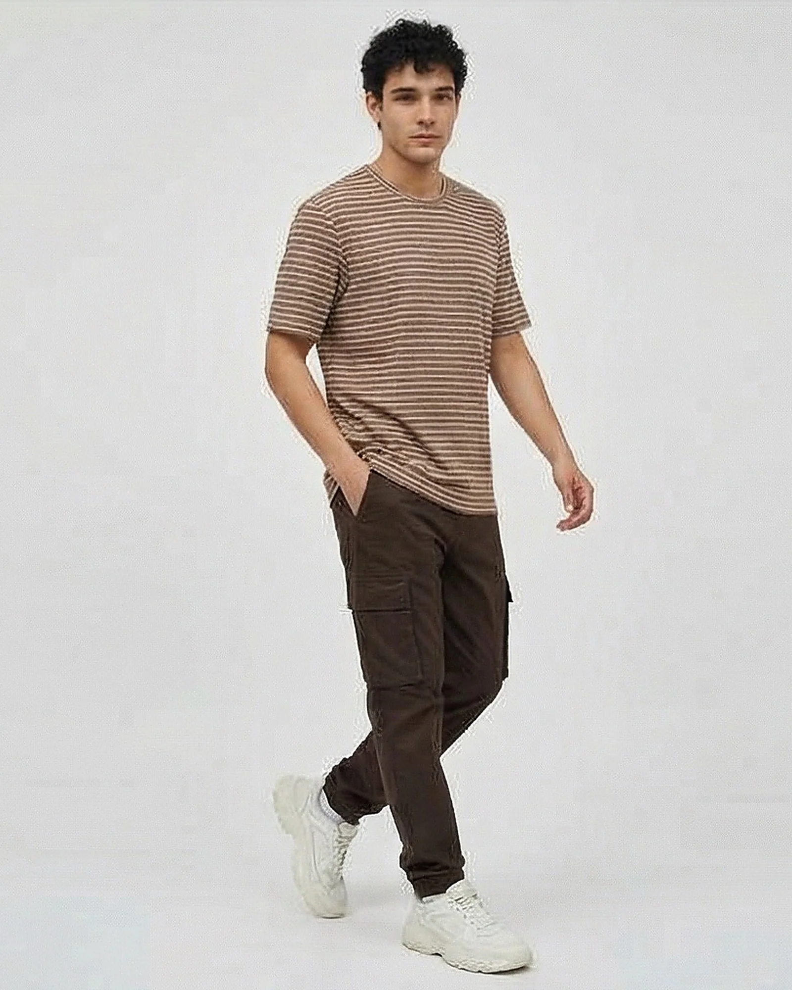 Brown Striped Textured Knit Crew Neck Tee - R216884 - Image 3
