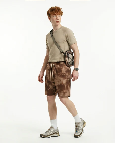 Earth-Tone Tie-Dye Textured Drawstring Shorts - R217567 - Image 4