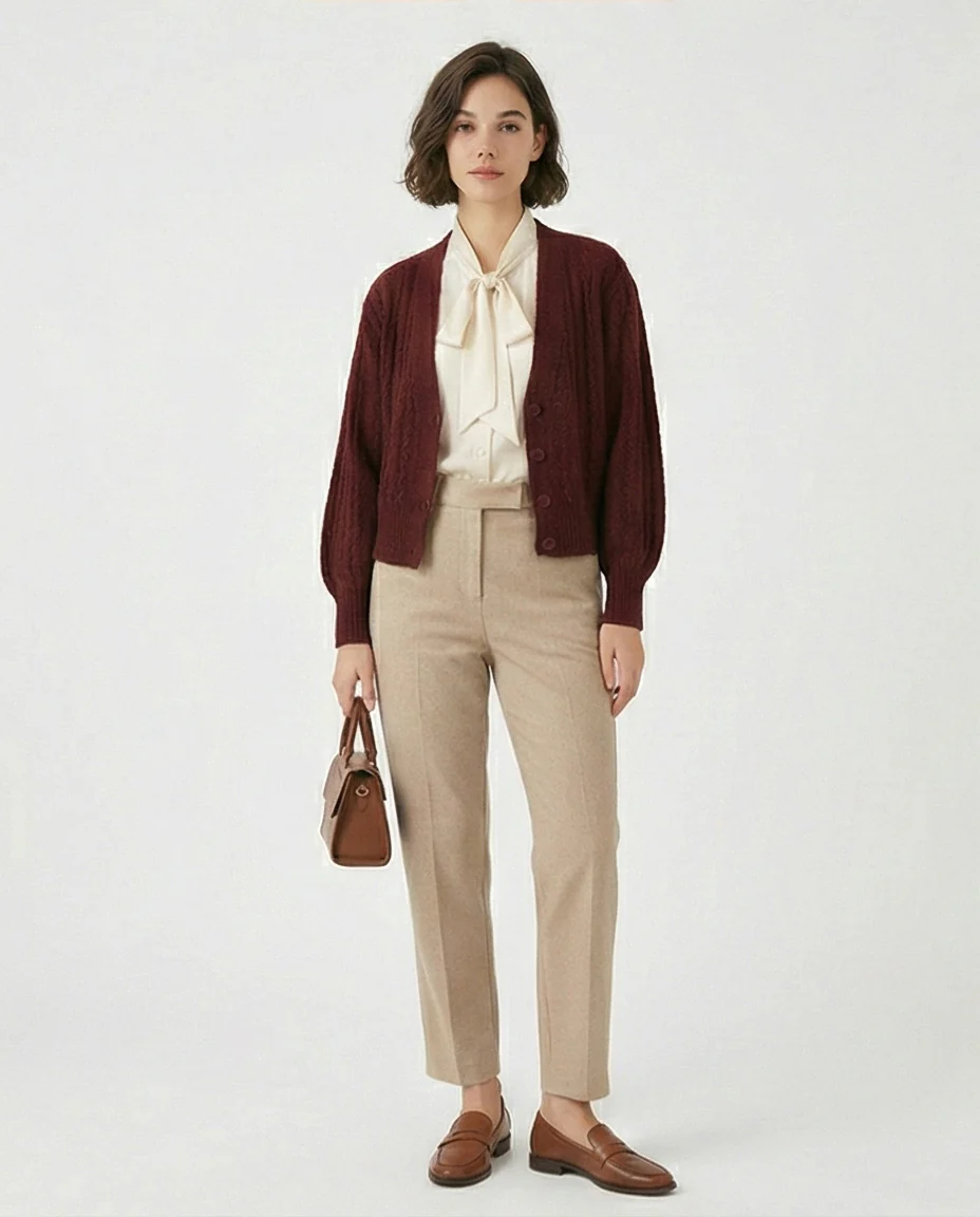 Burgundy Cable Knit Button-Down Cardigan - Image 3