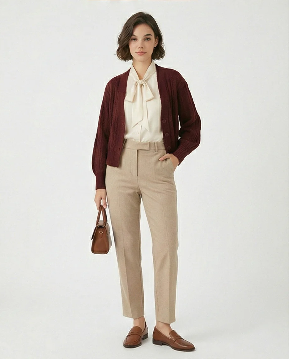 Burgundy Cable Knit Button-Down Cardigan - Image 4