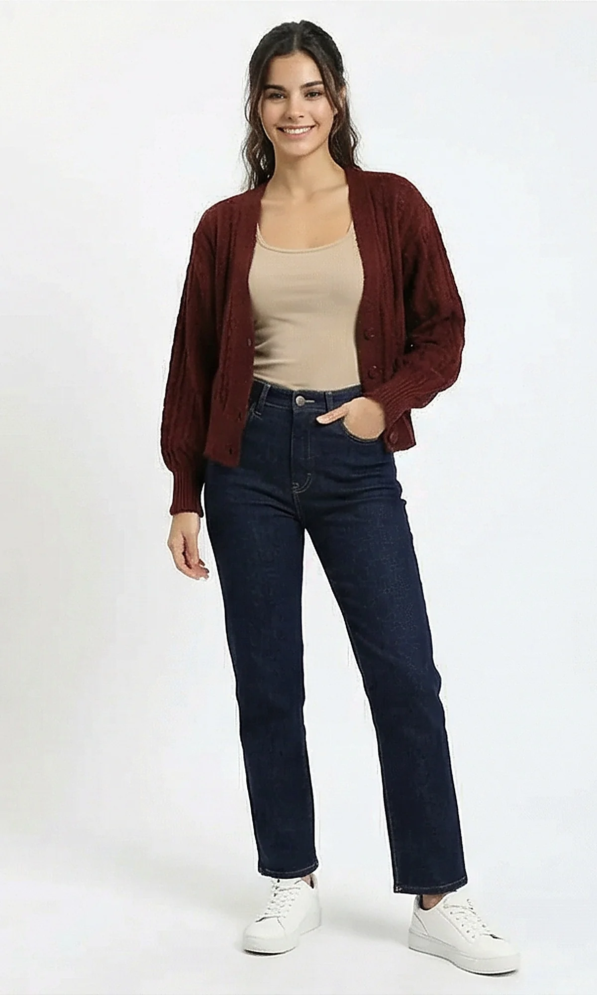 Burgundy Cable Knit Button-Down Cardigan - Image 5