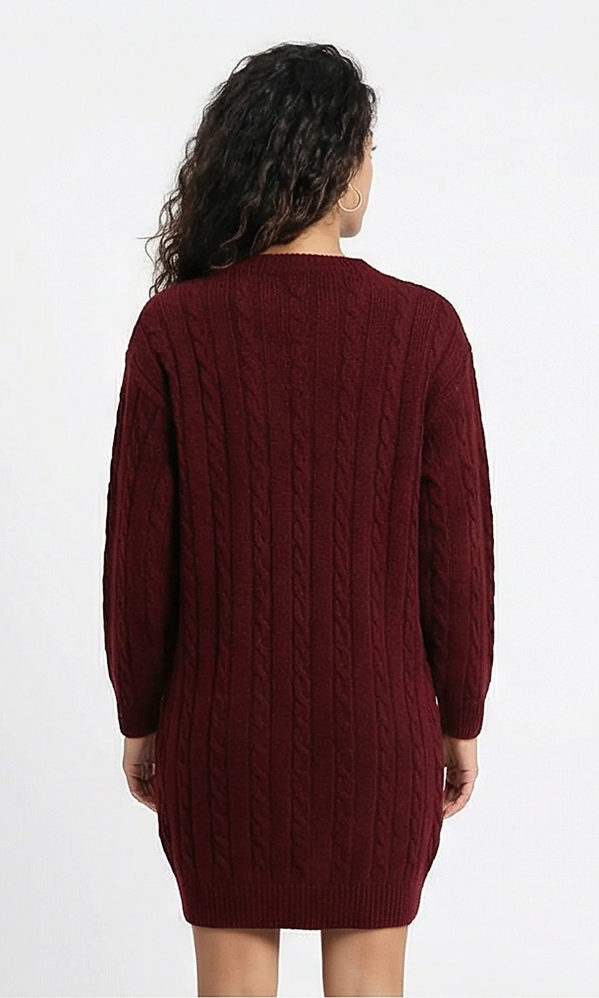 Burgundy Cable-Knit Crew Neck Sweater Dress - Image 2