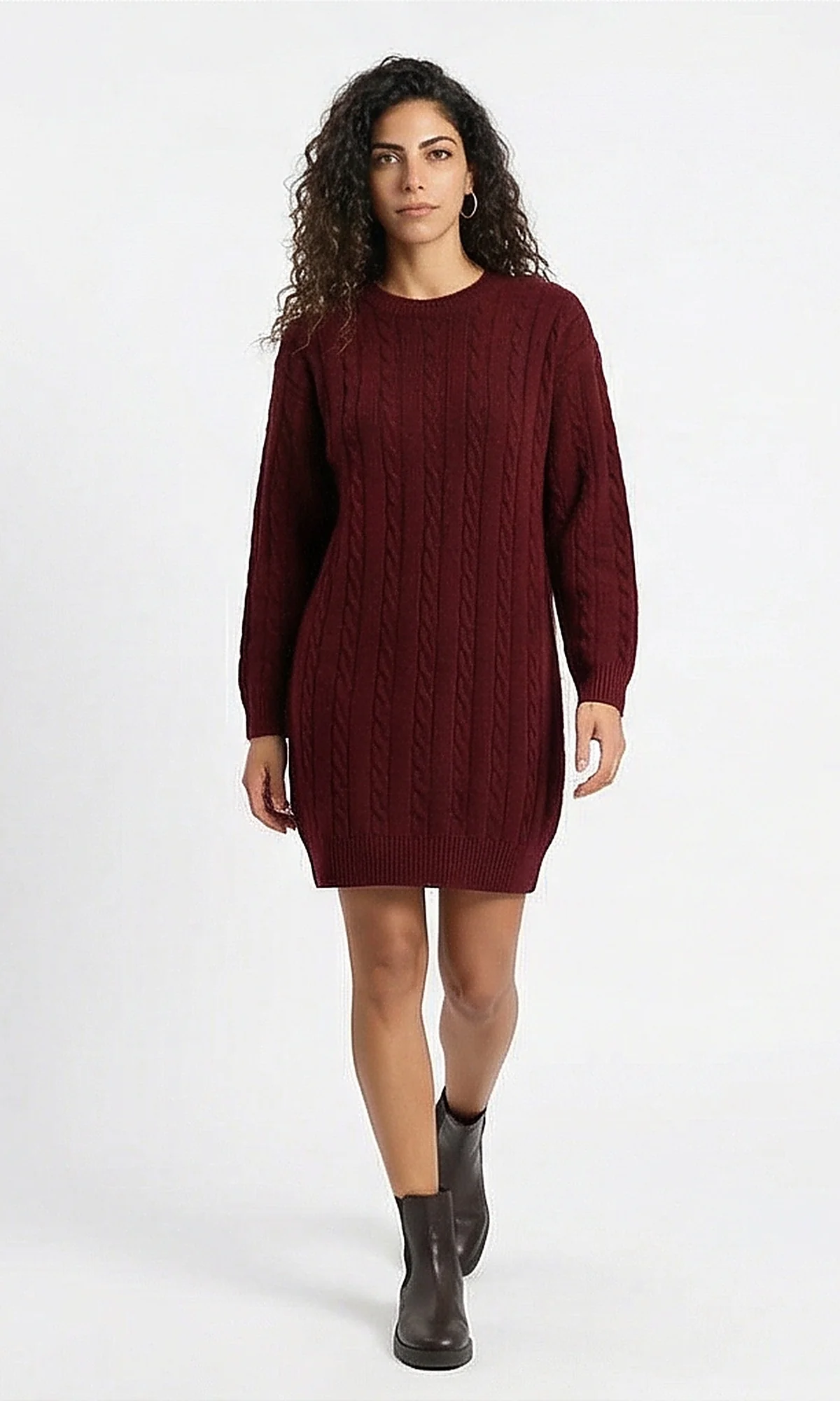 Burgundy Cable-Knit Crew Neck Sweater Dress - Image 4