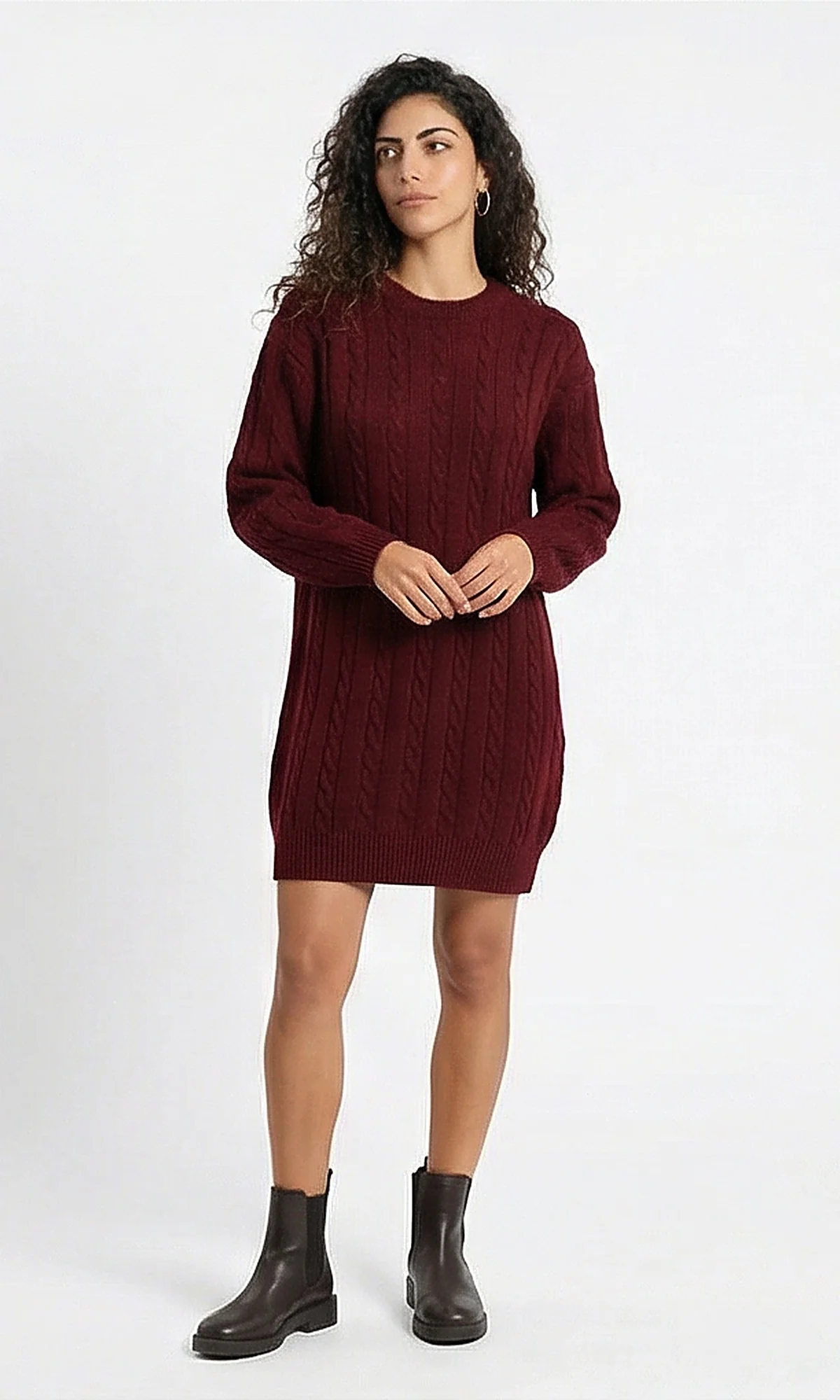 Burgundy Cable-Knit Crew Neck Sweater Dress - Image 5