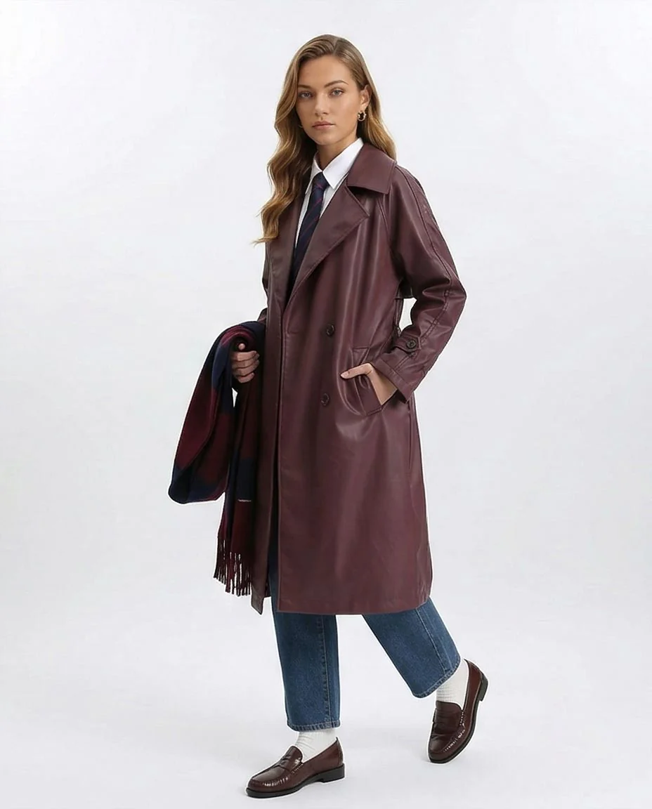 Ravin Burgundy Faux-Leather Belted Trench Coat - R211880 - Image 5