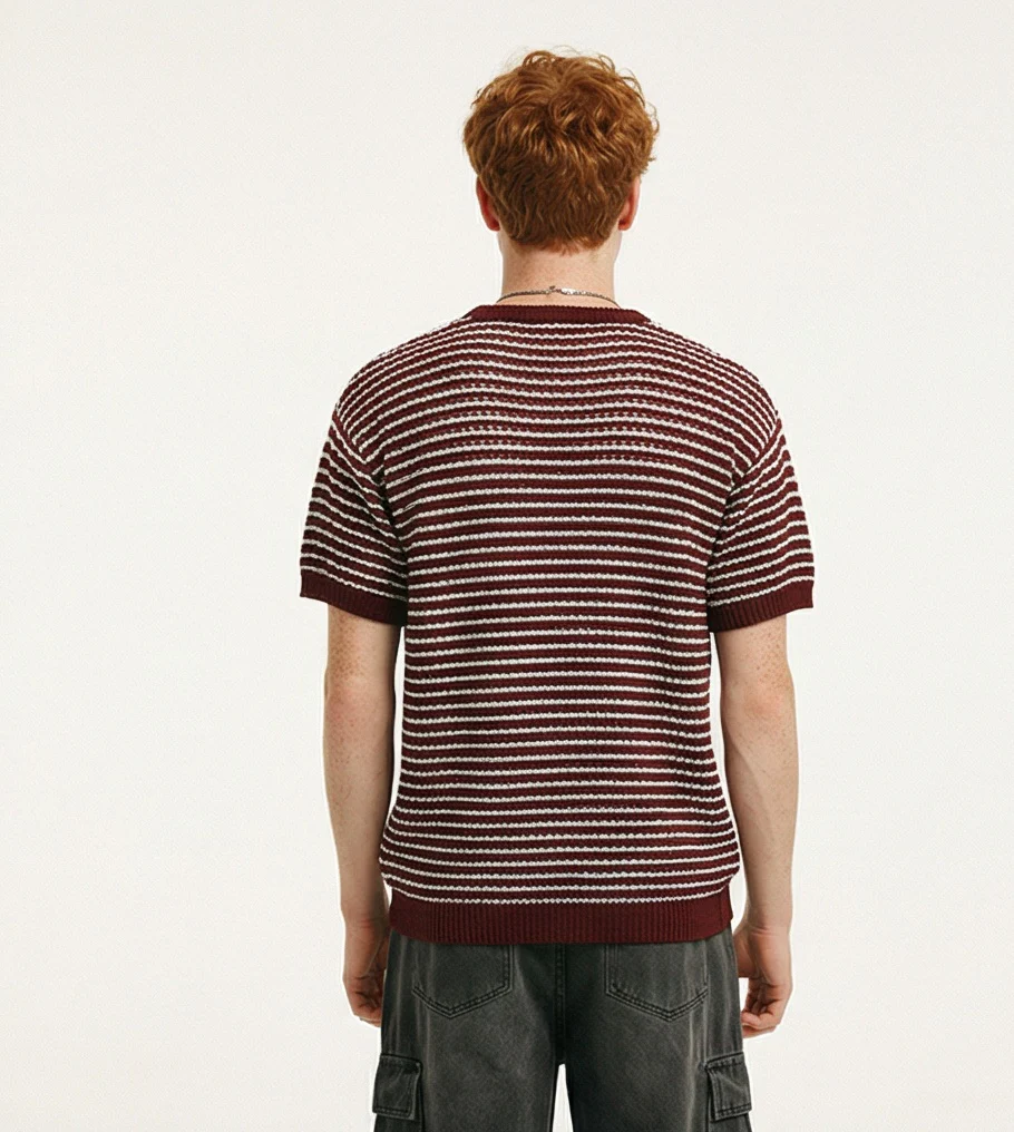 Burgundy Striped Textured Knit Short Sleeve Tee - R217754 - Image 2