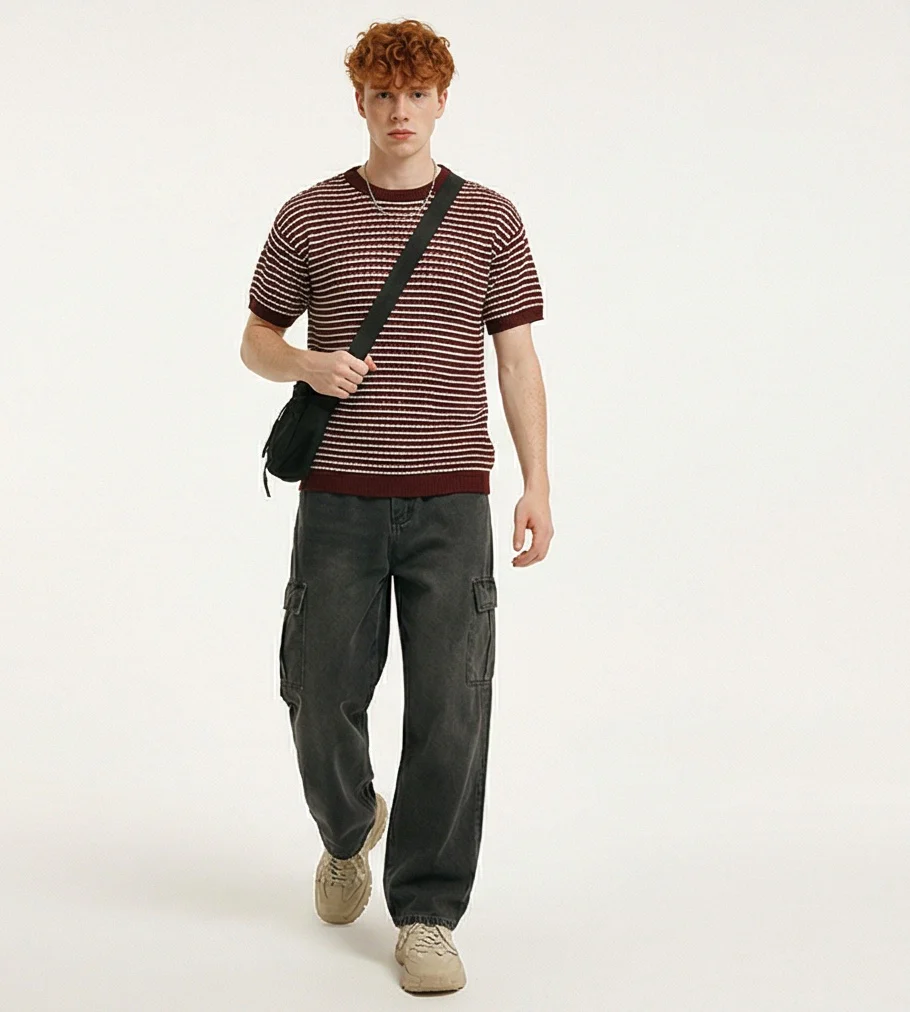 Burgundy Striped Textured Knit Short Sleeve Tee - R217754 - Image 3