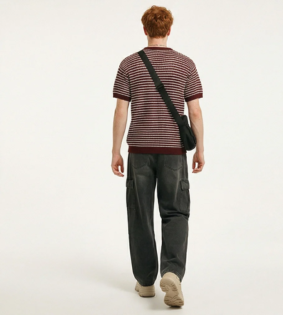 Burgundy Striped Textured Knit Short Sleeve Tee - R217754 - Image 4