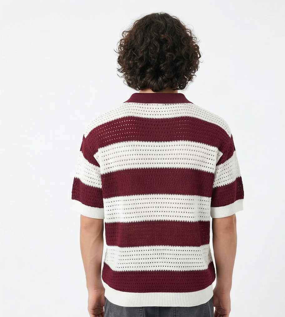 Burgundy & White Striped Textured Knit Polo Shirt - R217404 - Image 2