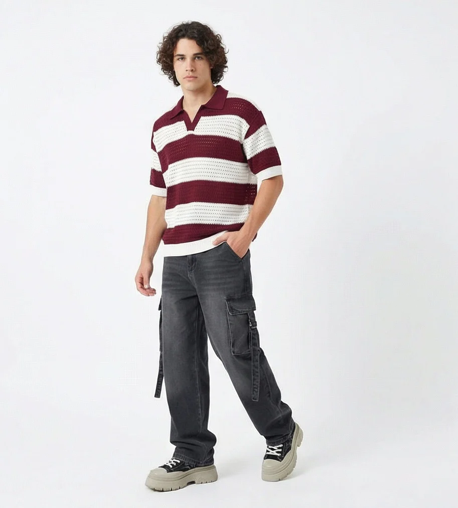 Burgundy & White Striped Textured Knit Polo Shirt - R217404 - Image 3