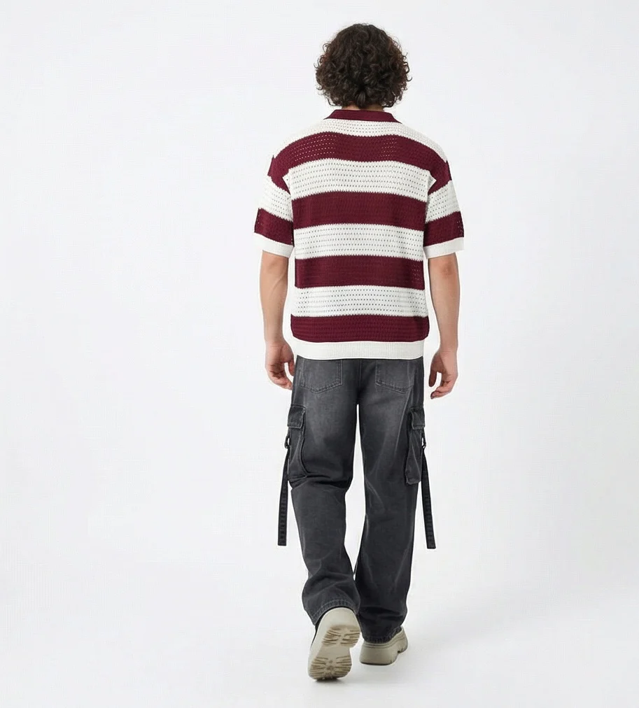 Burgundy & White Striped Textured Knit Polo Shirt - R217404 - Image 4