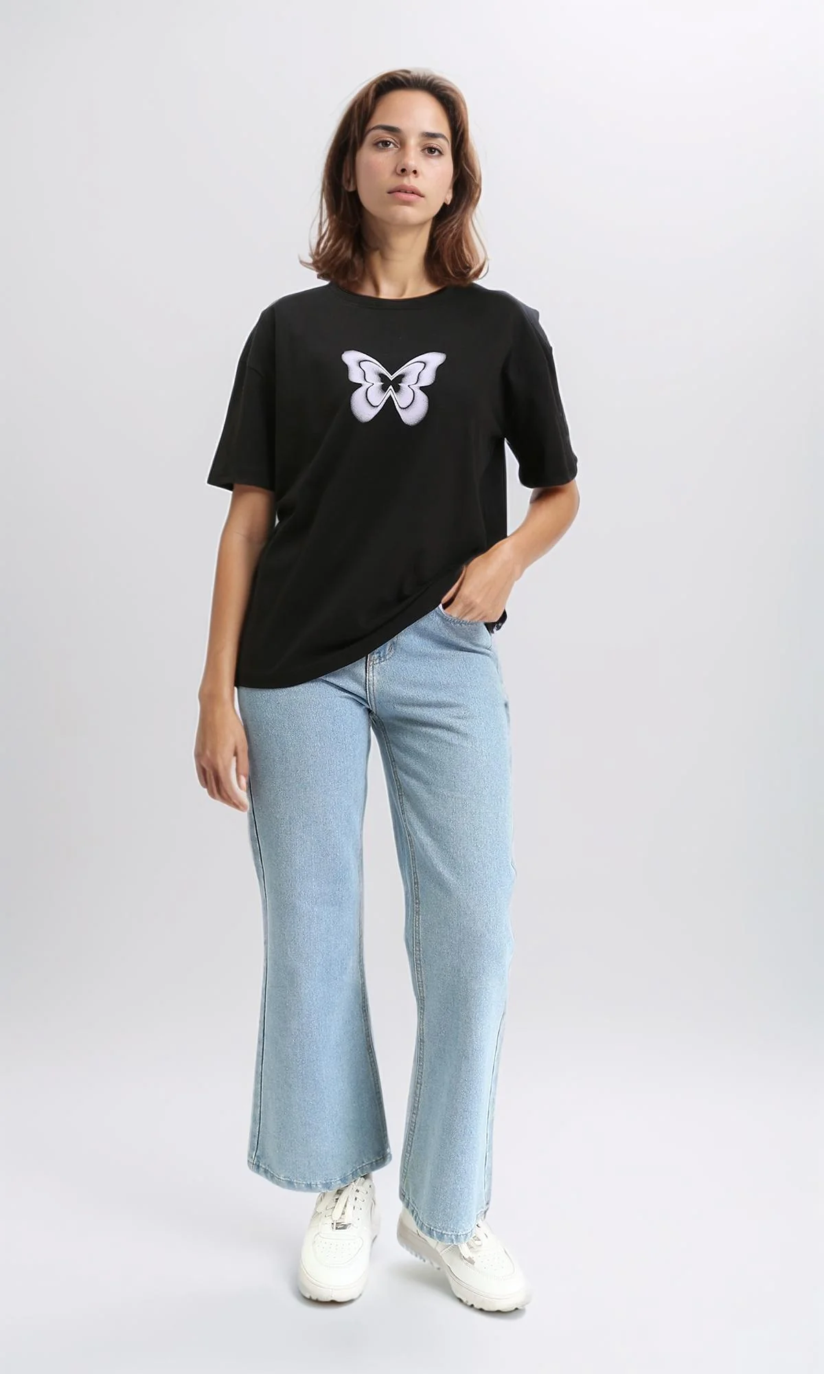 R211625 - Butterfly Crew Neck Printed Tee - Black - Image 5