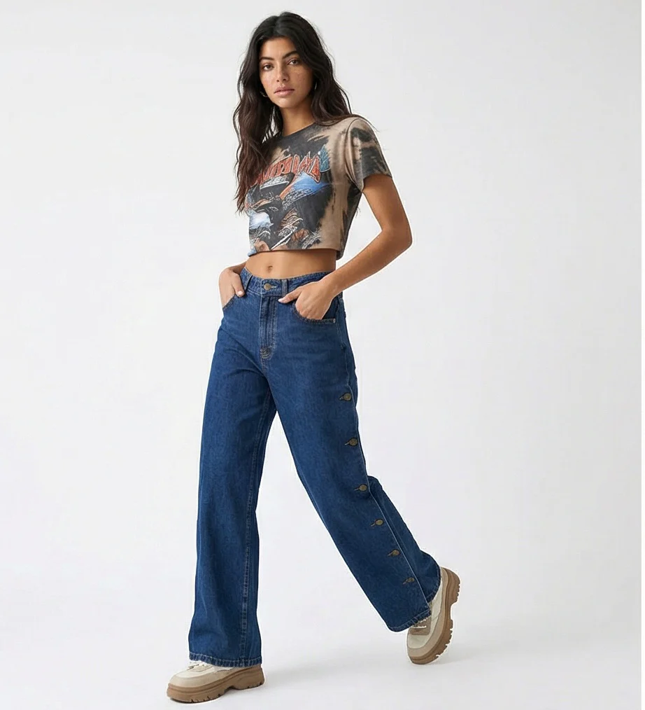 Button-Detail Wide Leg Indigo Jeans - R216411 - Image 3